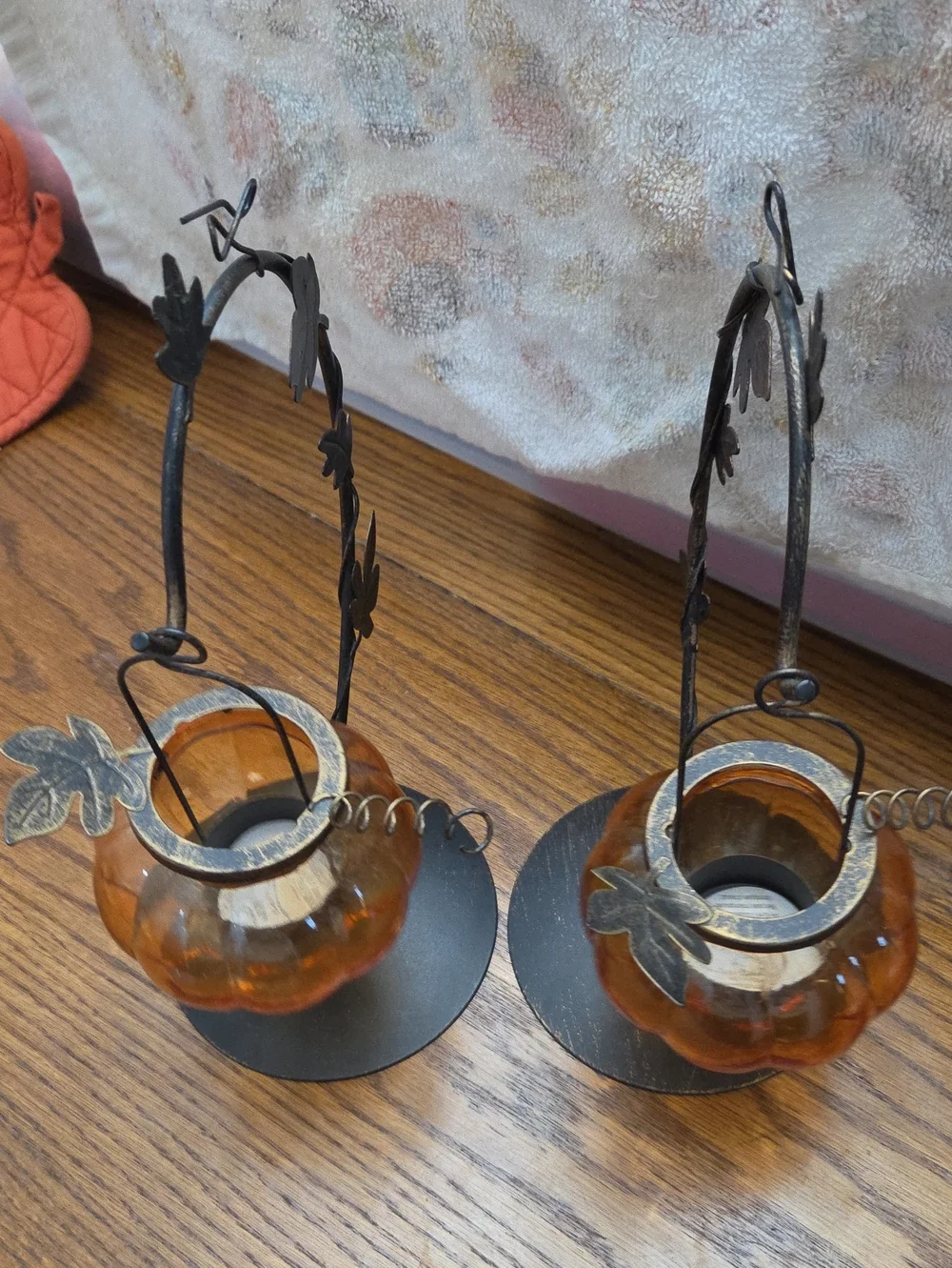 Pier 1 Amber Glass Pumpkin Tea Light Holders with Black Leaf Stands, Pair